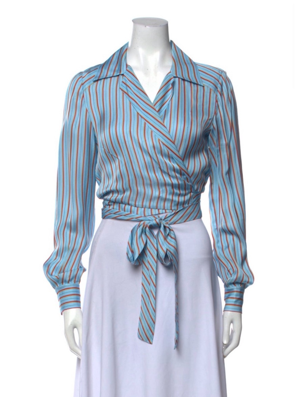 Diane Von Furstenberg Blue and Brown Striped Wrap Blouse